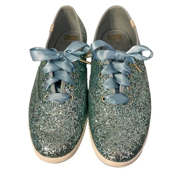 KEDS x KATE SPADE NEW YORK CHAMPION GLITTER SNEAKERS BLUE RIBBONED LACES WF61658 - Picture 4 of 17